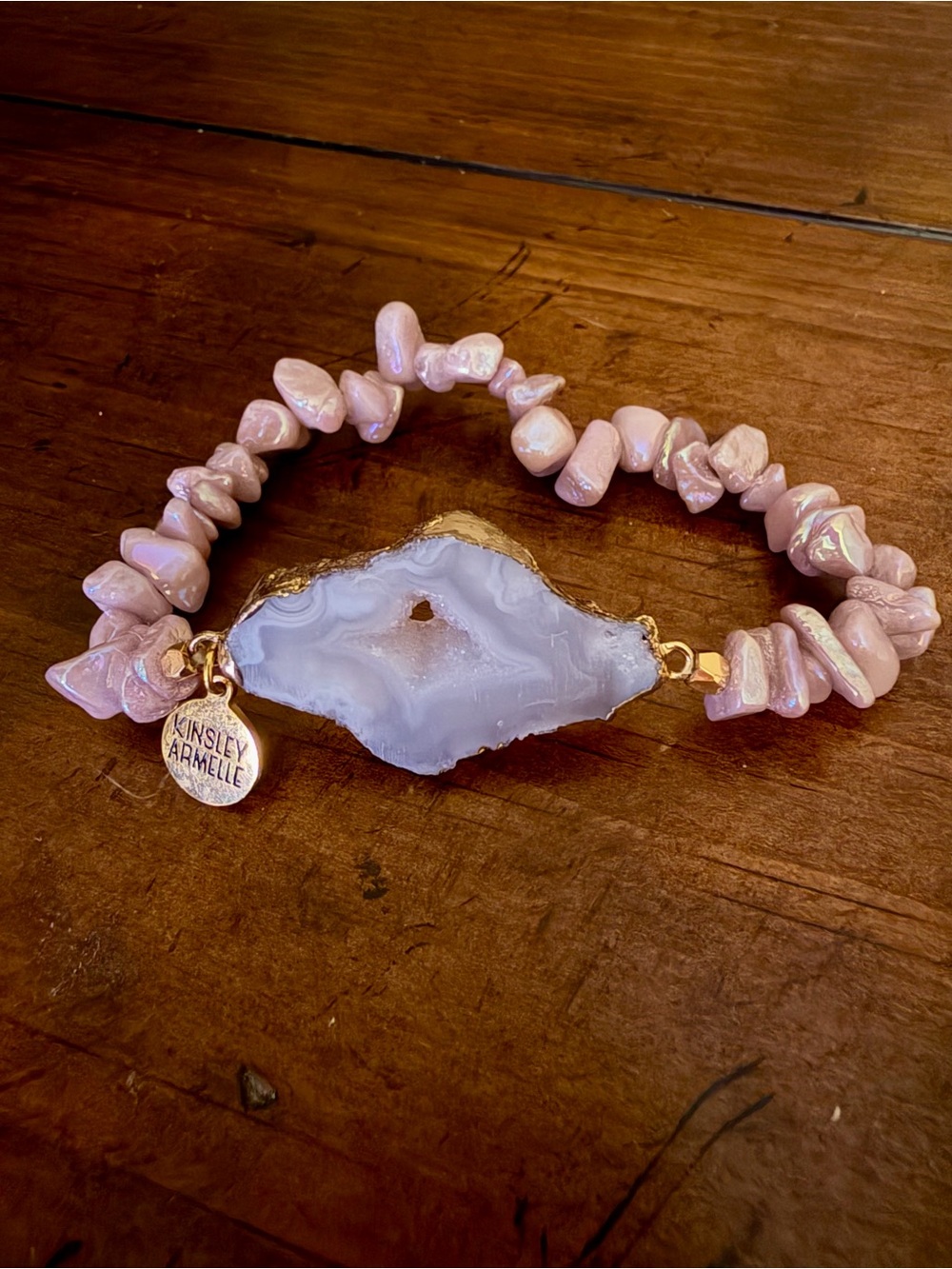 Kinsley Armelle Pink Agate Slice & Chip Bracelet with Gold Accents